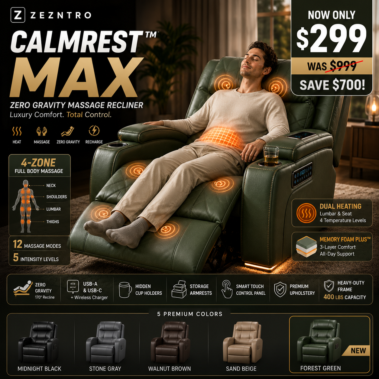 ZEZNTRO CALMREST MAX Zero Gravity Recliner in Forest Green