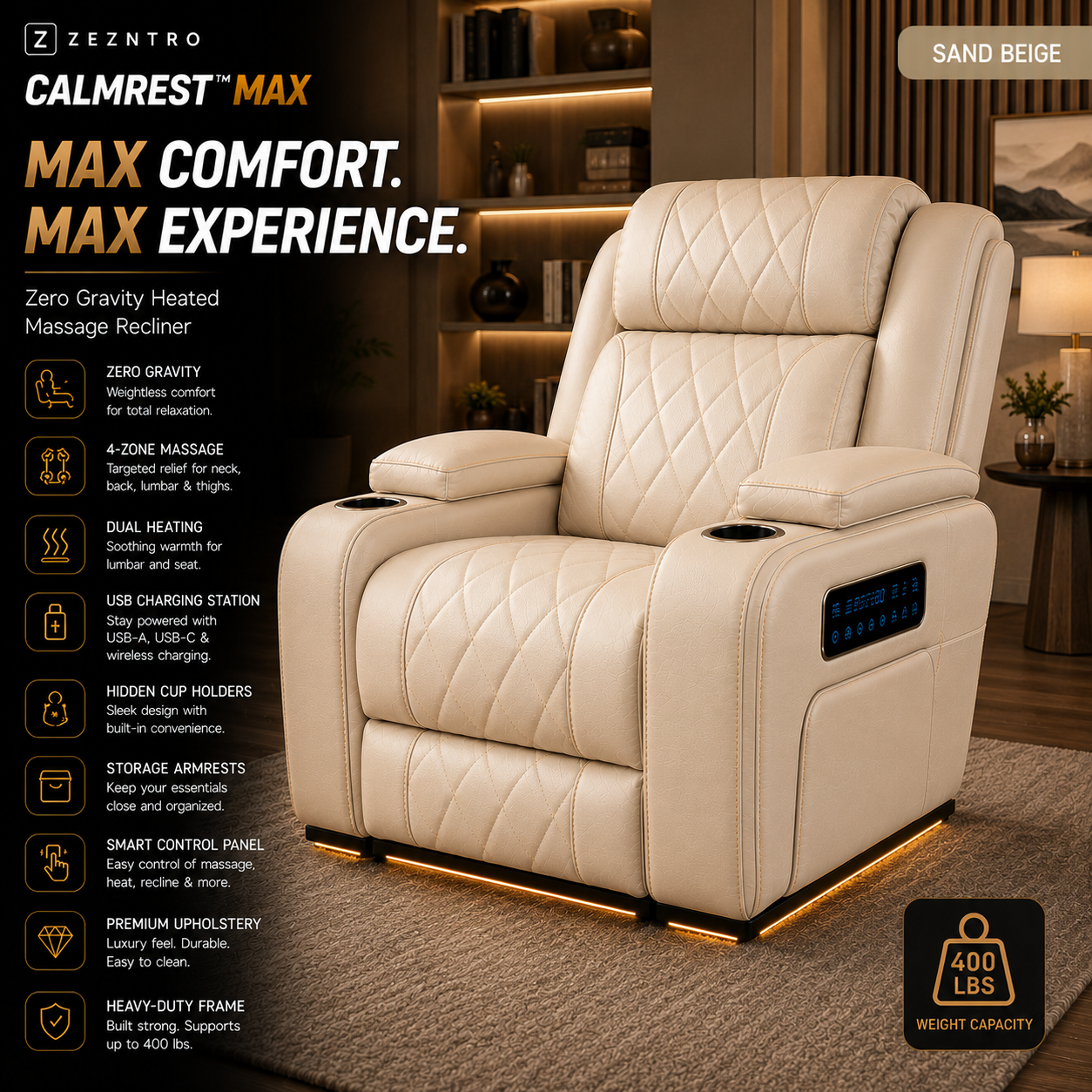 ZEZNTRO CALMREST MAX Zero Gravity Recliner in Sand Beige